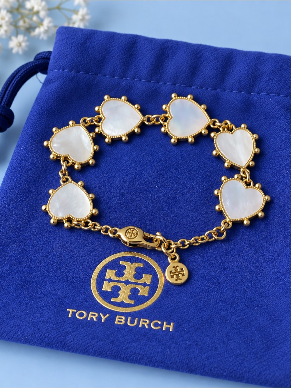 Tory Burch Gold Heart Mother-of-Pearl Link Bracelet